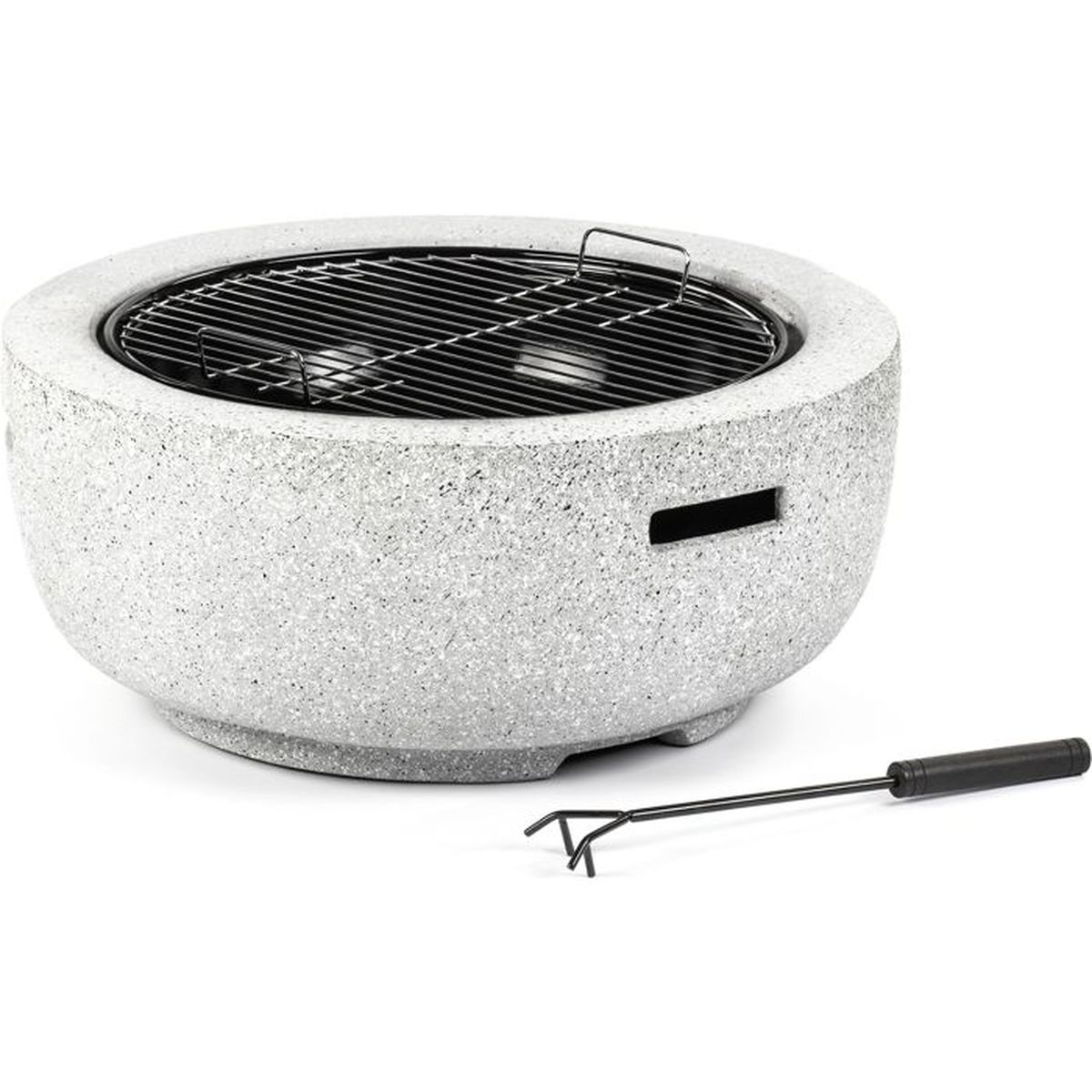 A round concrete fire pit with a grill grate and a tool on a white background.