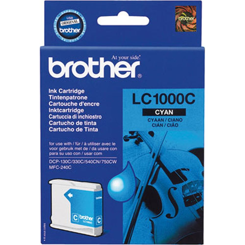 Verpackung einer blauen Brother LC1000C Tintenpatrone mit Geige.