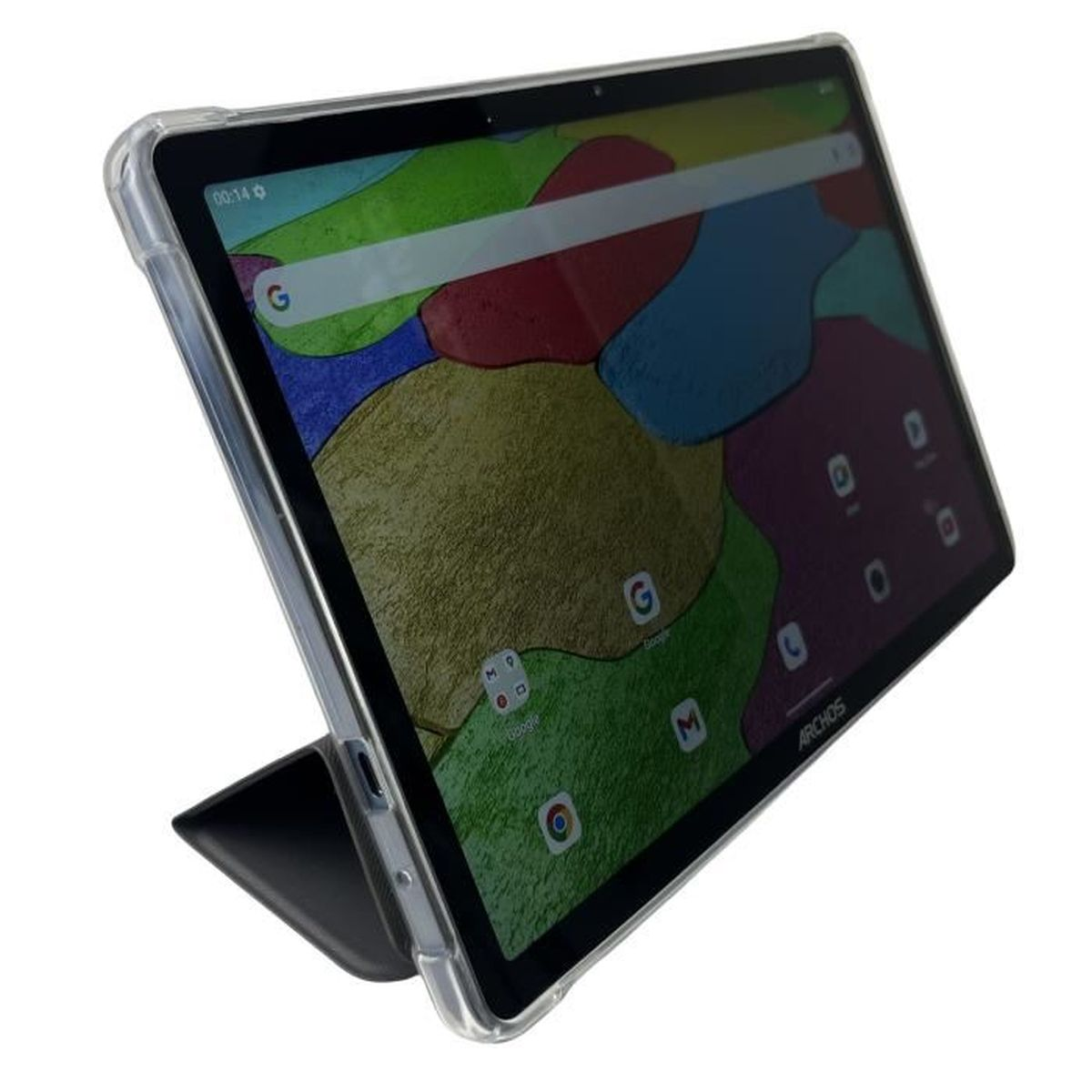 Un tablet con sfondo colorato, in una custodia protettiva trasparente.