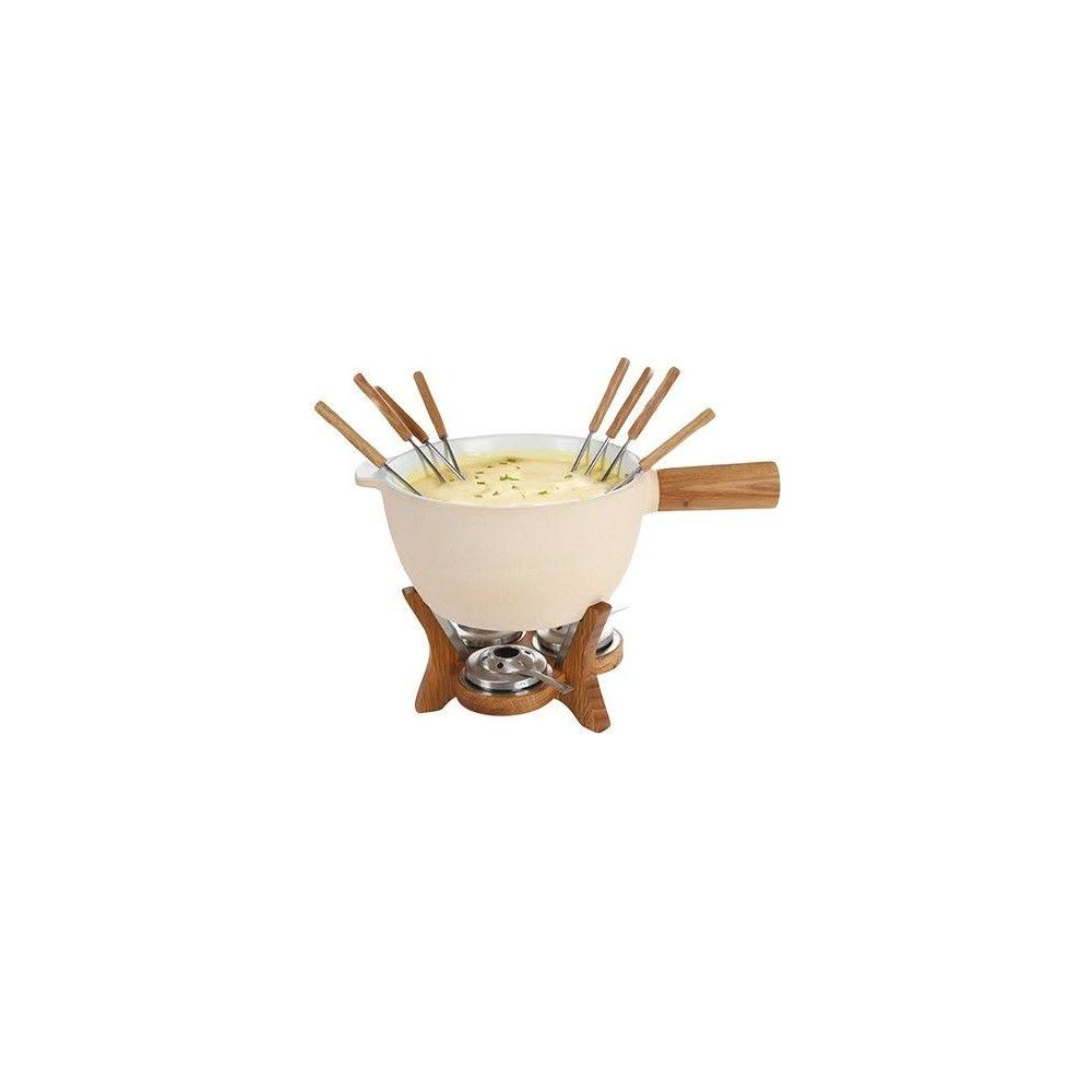 A cream-colored cheese fondue pot with wooden handles and forks on a wooden stand.