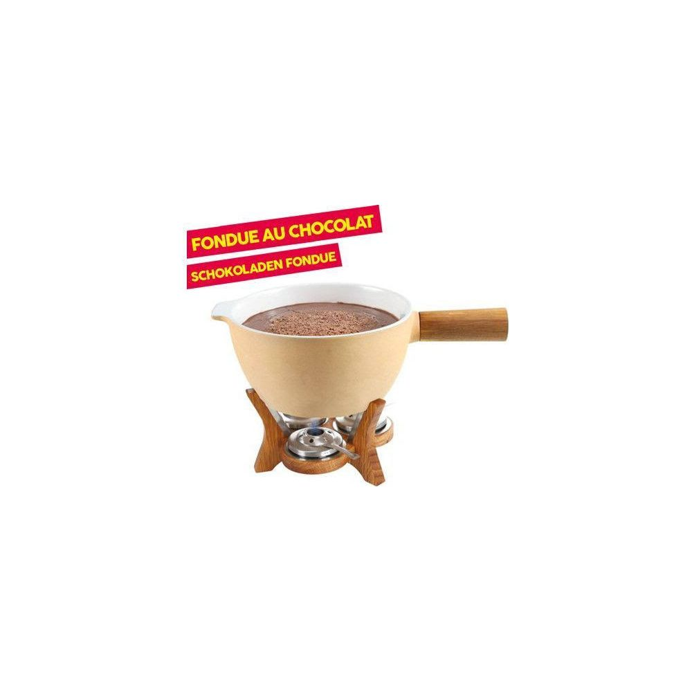 Beige chocolate fondue pot with wooden handle on a wooden stand.