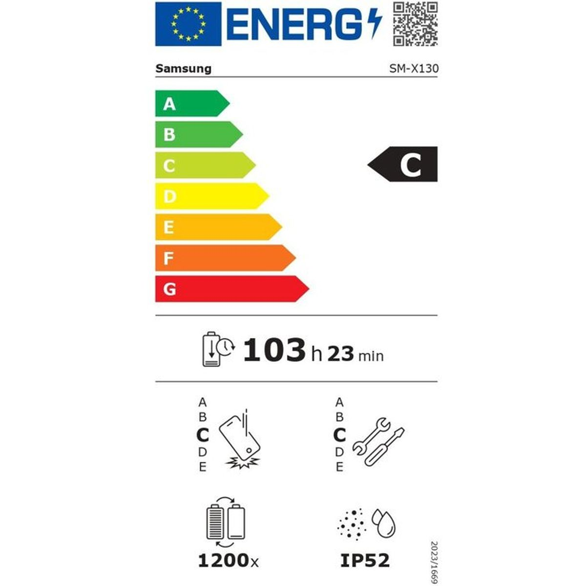 Etiqueta energética Samsung SM-X130, clase C, autonomía 103h 23min.