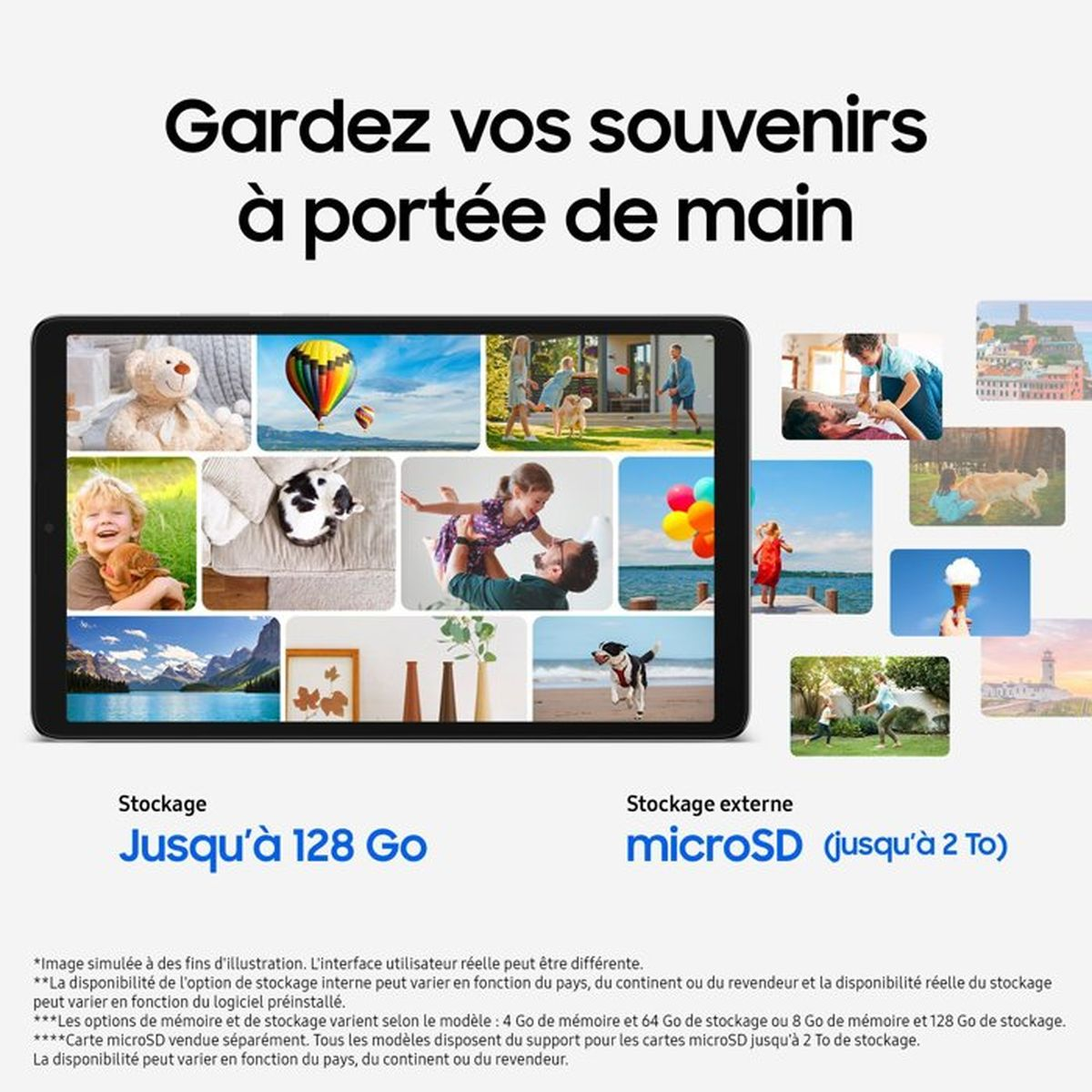 Tableta muestra fotos: oso, globo, familia, perro, niños, montañas, helado, ciudad.