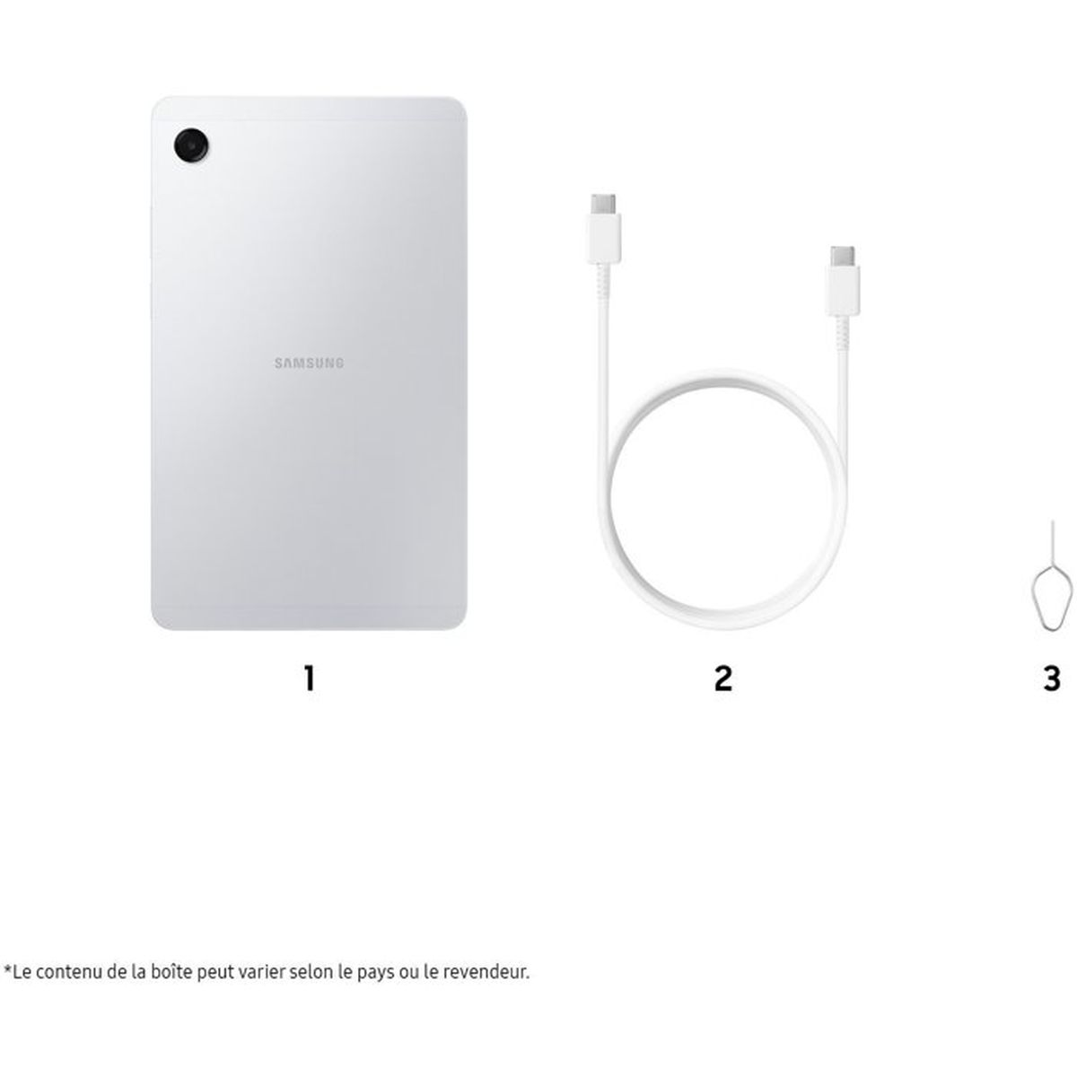 Una tableta Samsung blanca con cable de carga y herramienta SIM.