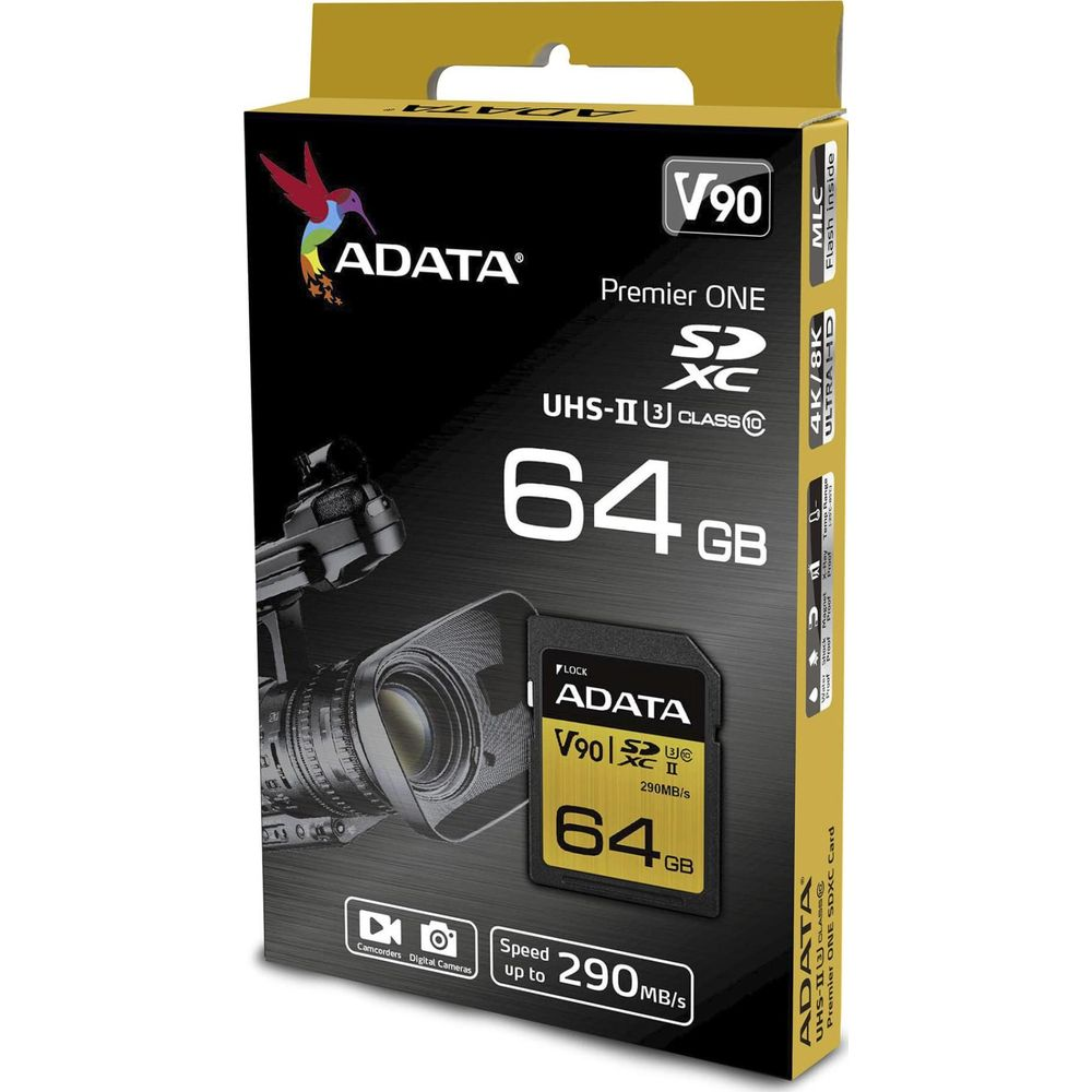 Carte ADATA V90 SDXC 64Go avec image de caméra et spécifications.