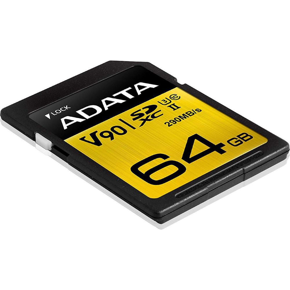Carte mémoire ADATA V90 64Go SDXC II avec étiquette jaune.