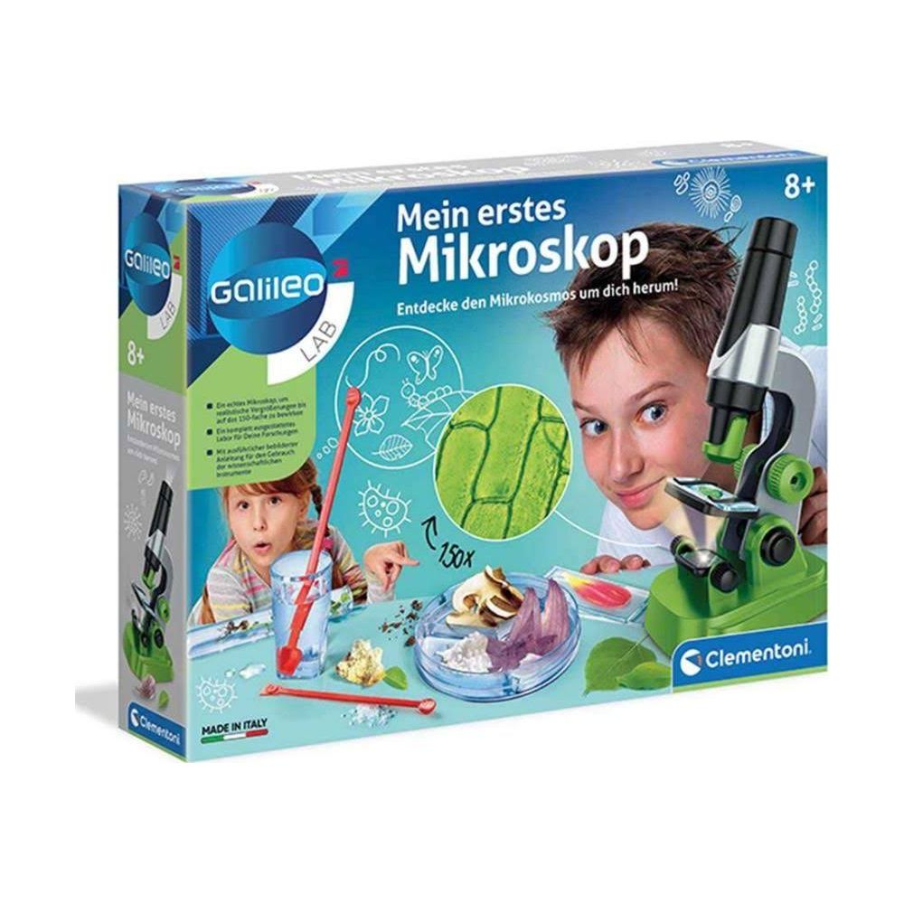 Verpackung für ein Kindermikroskop mit Bildern von Kindern und Pflanzenzellen.
