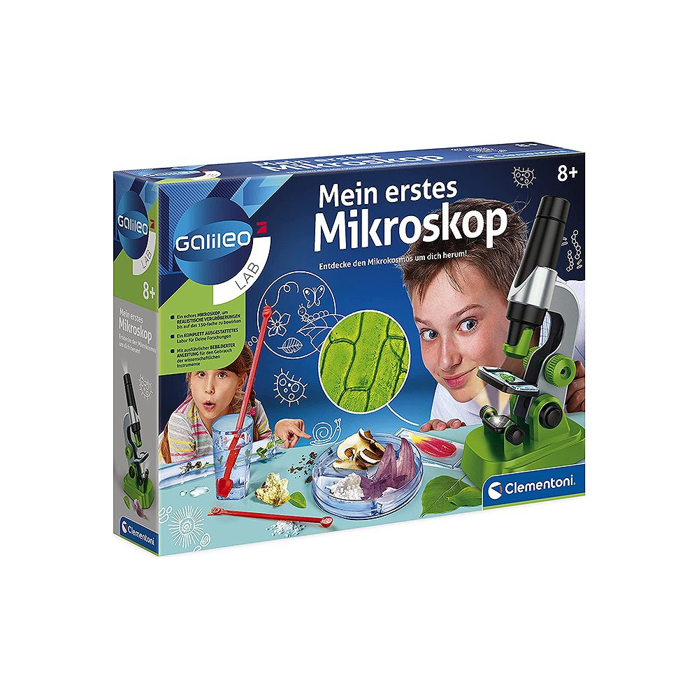 Verpackung eines Kindermikroskops mit zwei Kindern, die es benutzen.