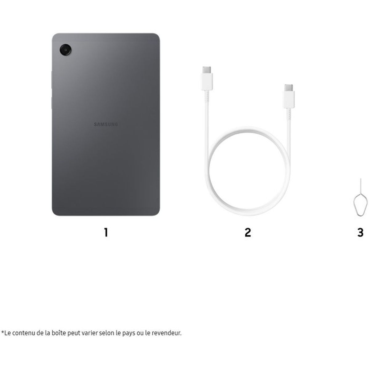 Una tablet Samsung gris, un cable de carga blanco y una herramienta SIM.
