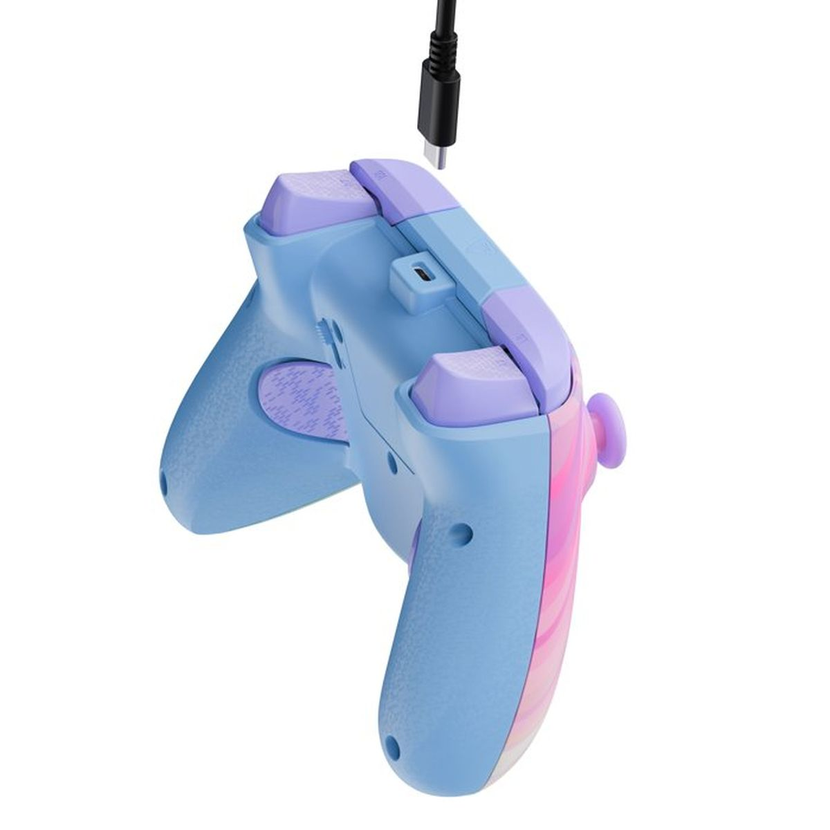 Controller blu con pulsanti viola collegato a cavo USB-C.
