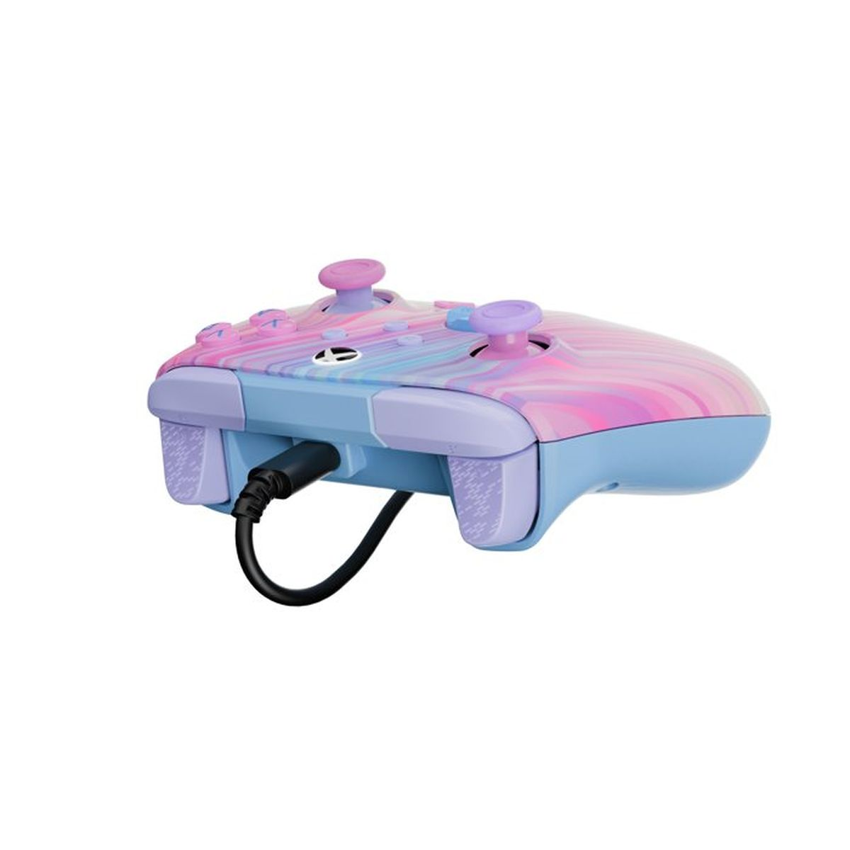 Un controller blu con motivo a vortice rosa e viola, con cavo nero.