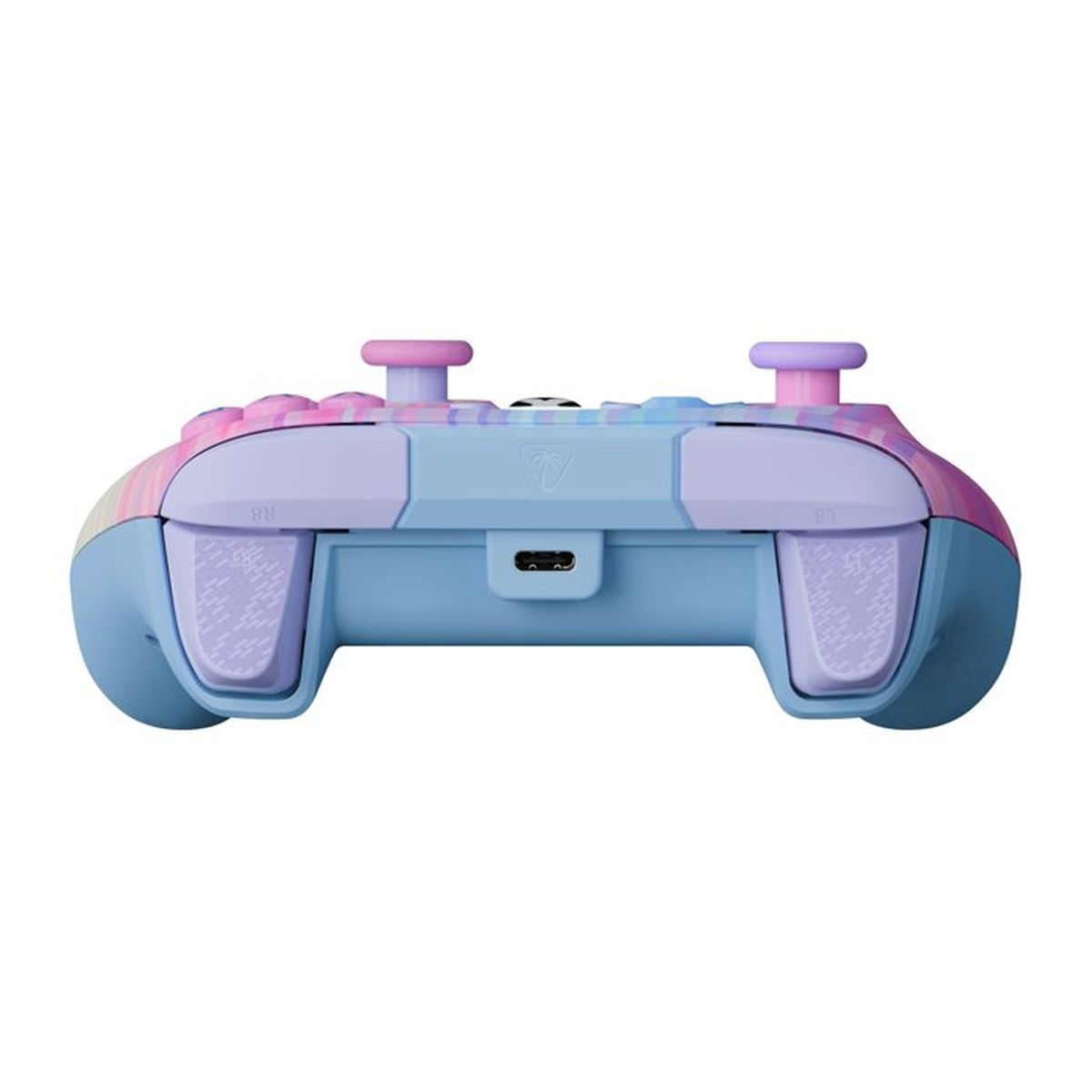 Un controller blu con accenti rosa e viola, porta USB-C.