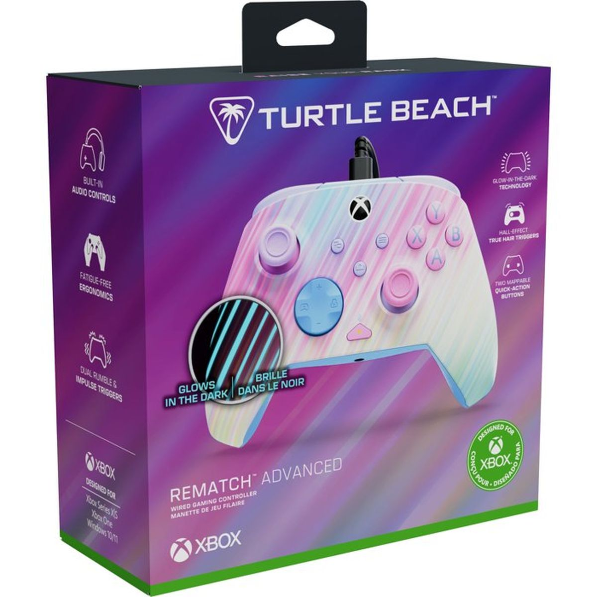 Scatola controller Xbox Turtle Beach con motivo marmorizzato pastello e caratteristiche elencate.