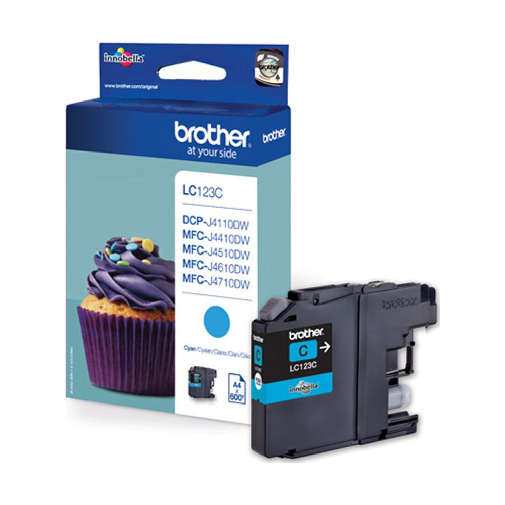 A Brother LC123C cyan ink cartridge next to its box, featuring a cupcake image.