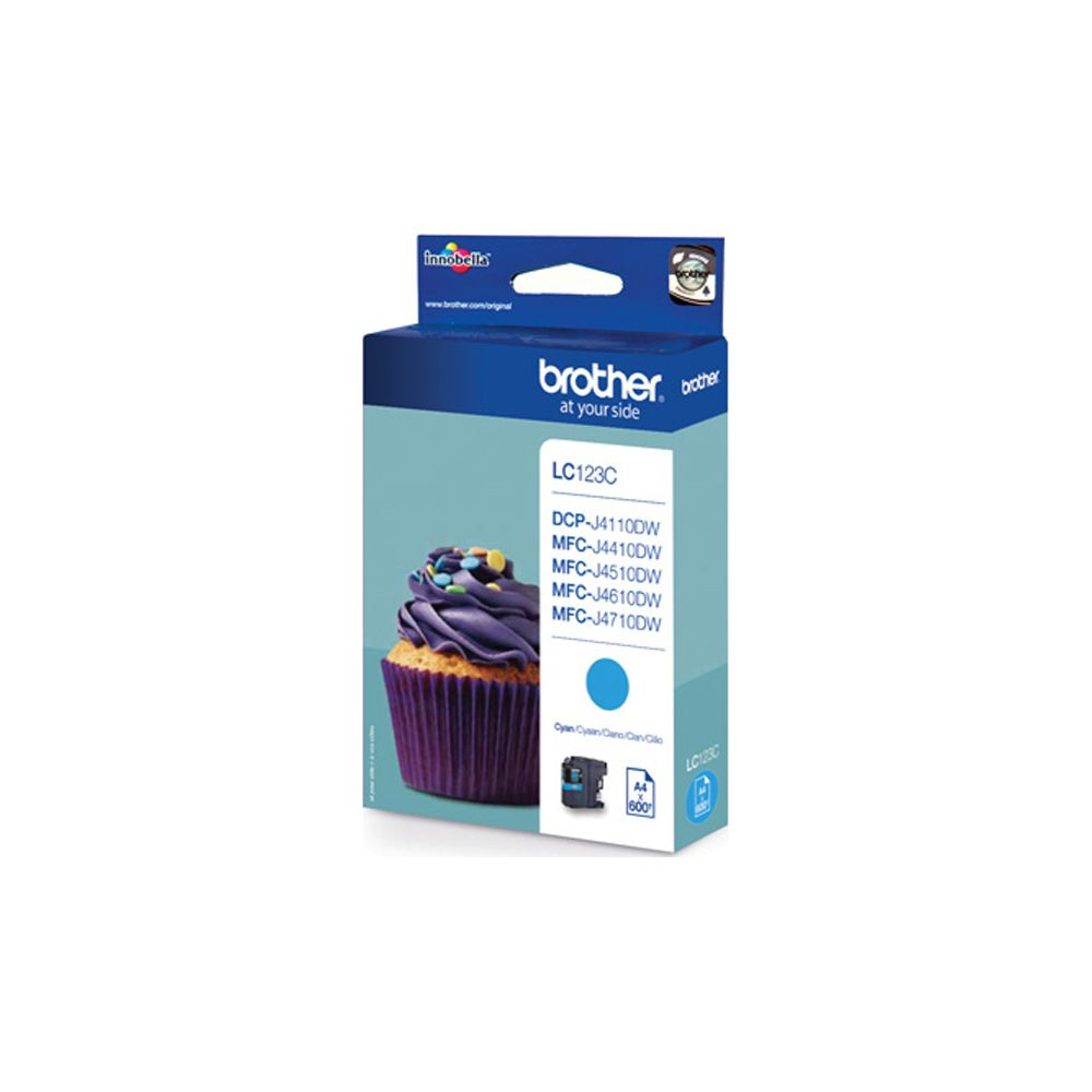 Brother LC123C ink cartridge box with a cupcake image.