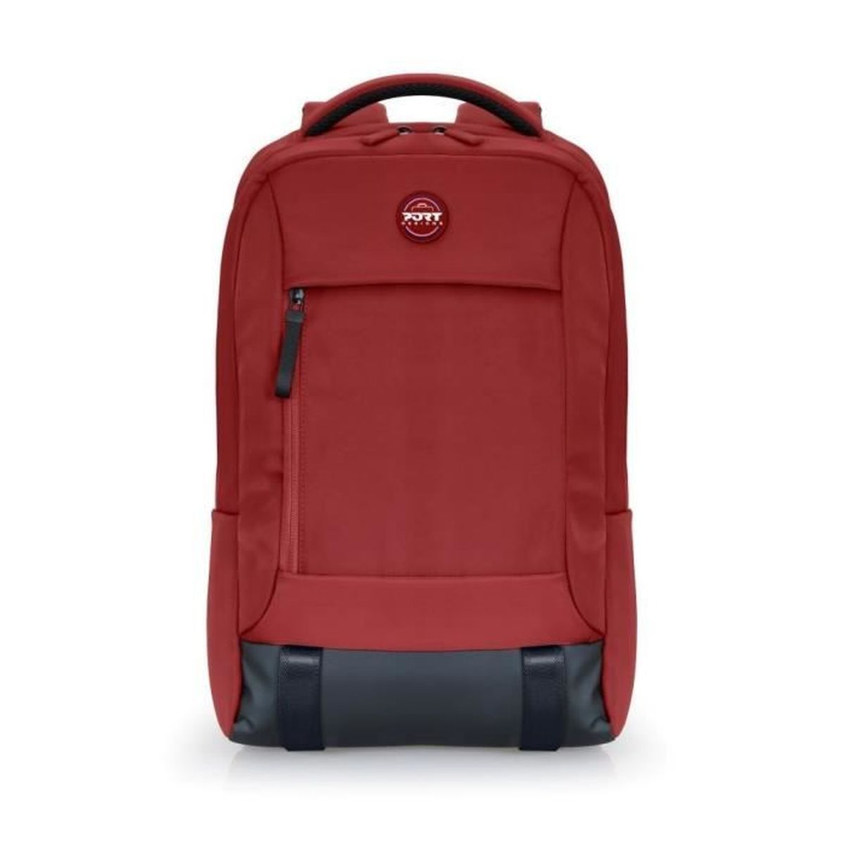 Uno zaino rosso con base grigia e scomparto con cerniera.