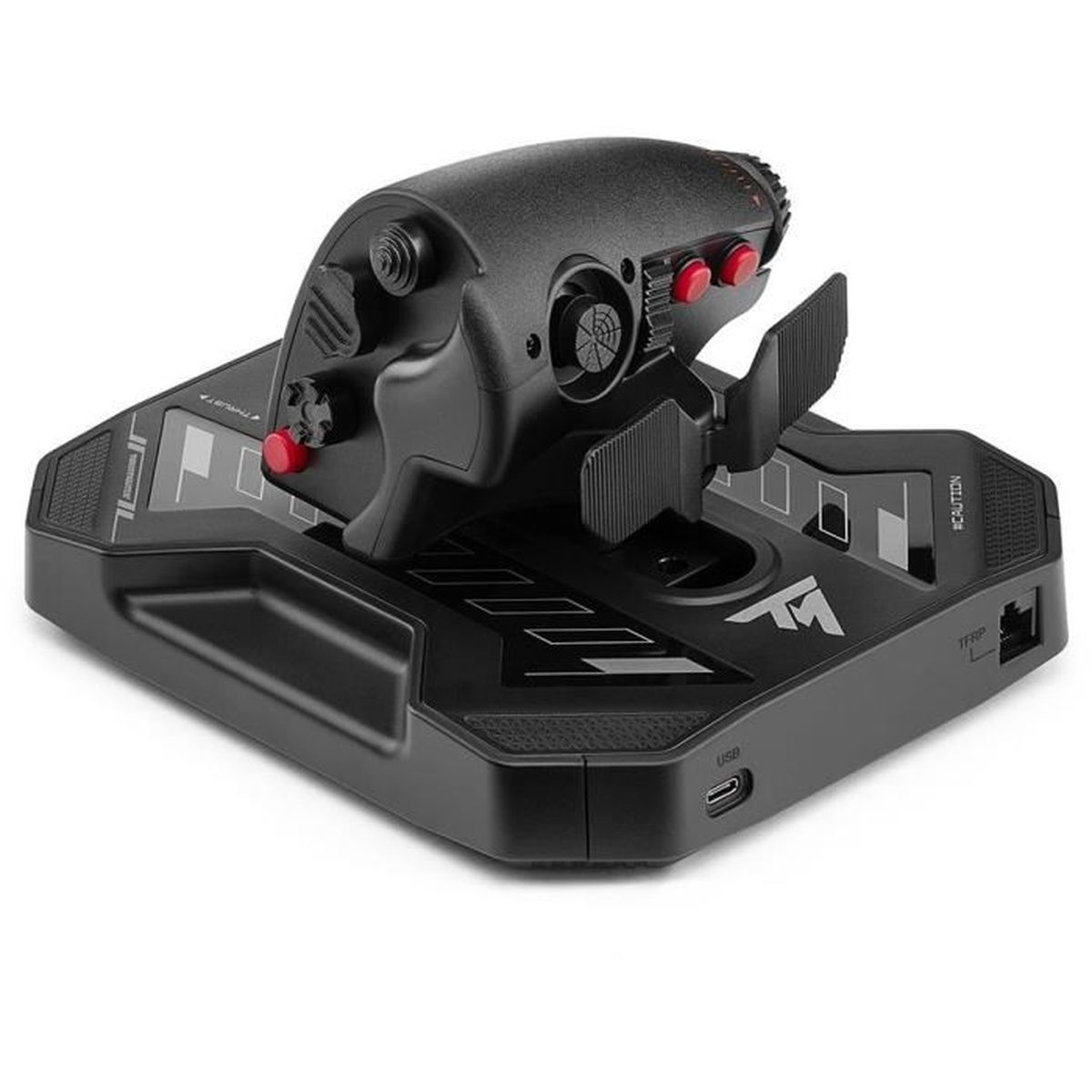 Joystick nero per simulatore di volo con acceleratore su base rettangolare.