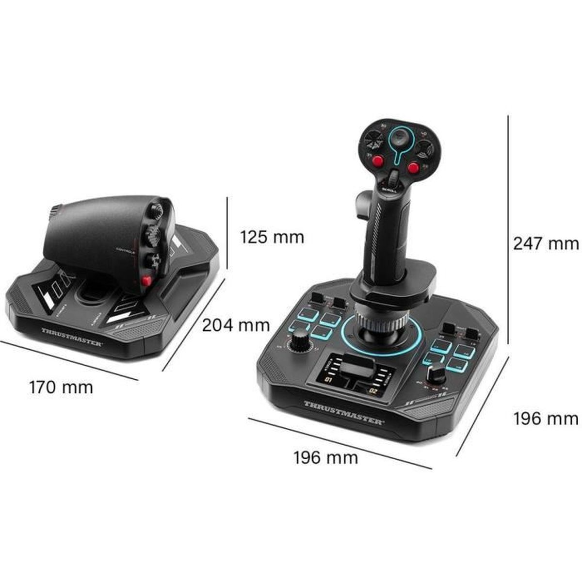 Due joystick neri con dimensioni. Uno è più piccolo, l'altro è più grande.