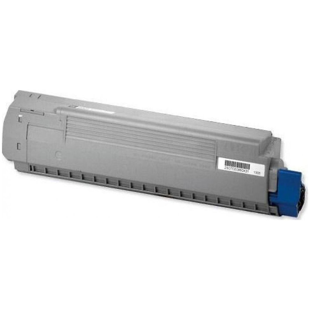 Grijze tonercartridge met blauwe eindkappen en barcode label.