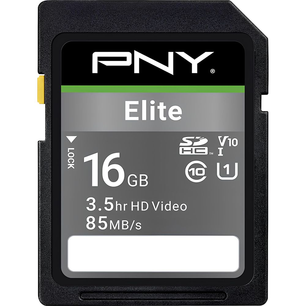 PNY Elite 16GB SD-Karte mit 3,5 Std. HD-Video, 85 MB/s Geschwindigkeit.