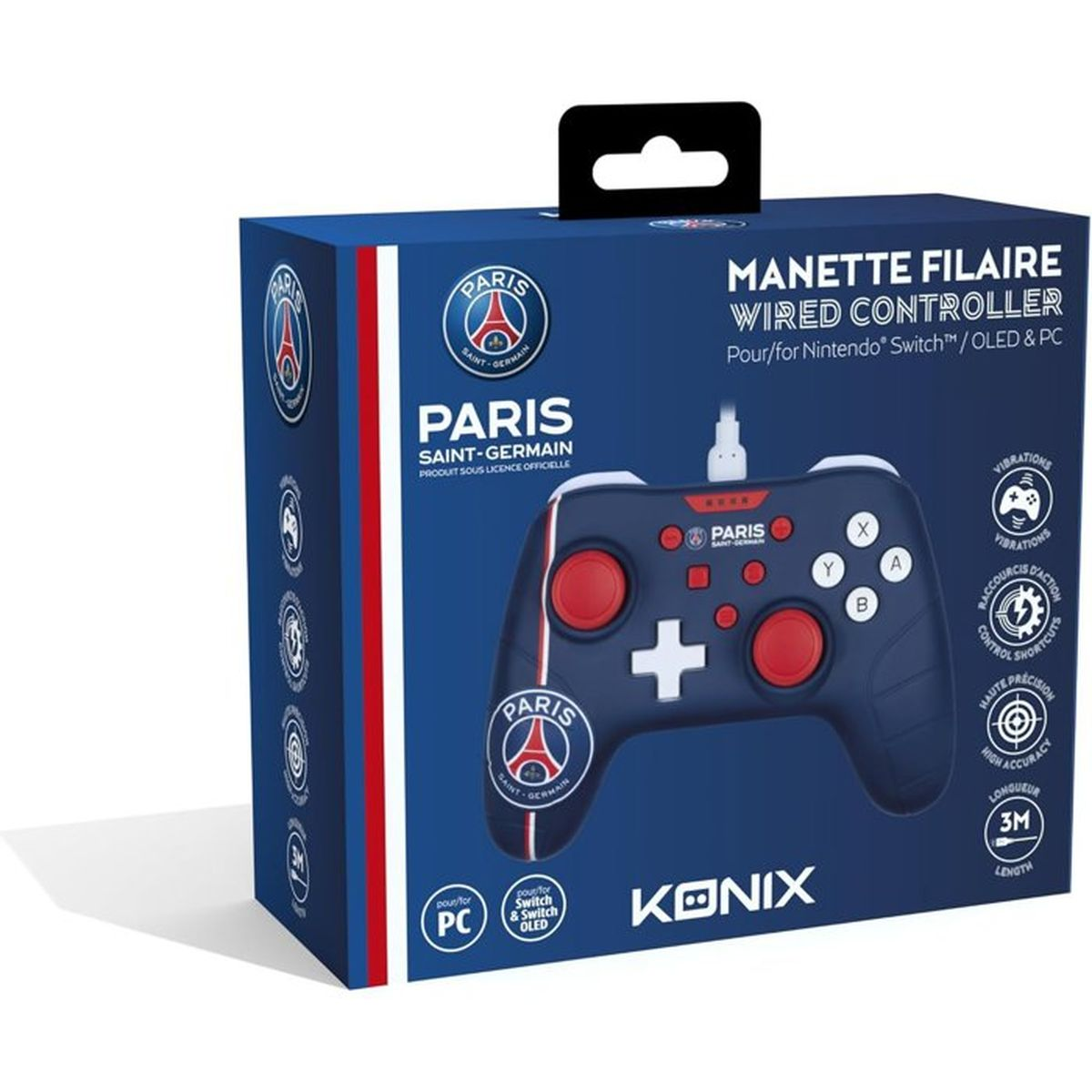 Pudełko niebieskiego kontrolera przewodowego do Nintendo Switch/PC z logo Paris Saint-Germain.