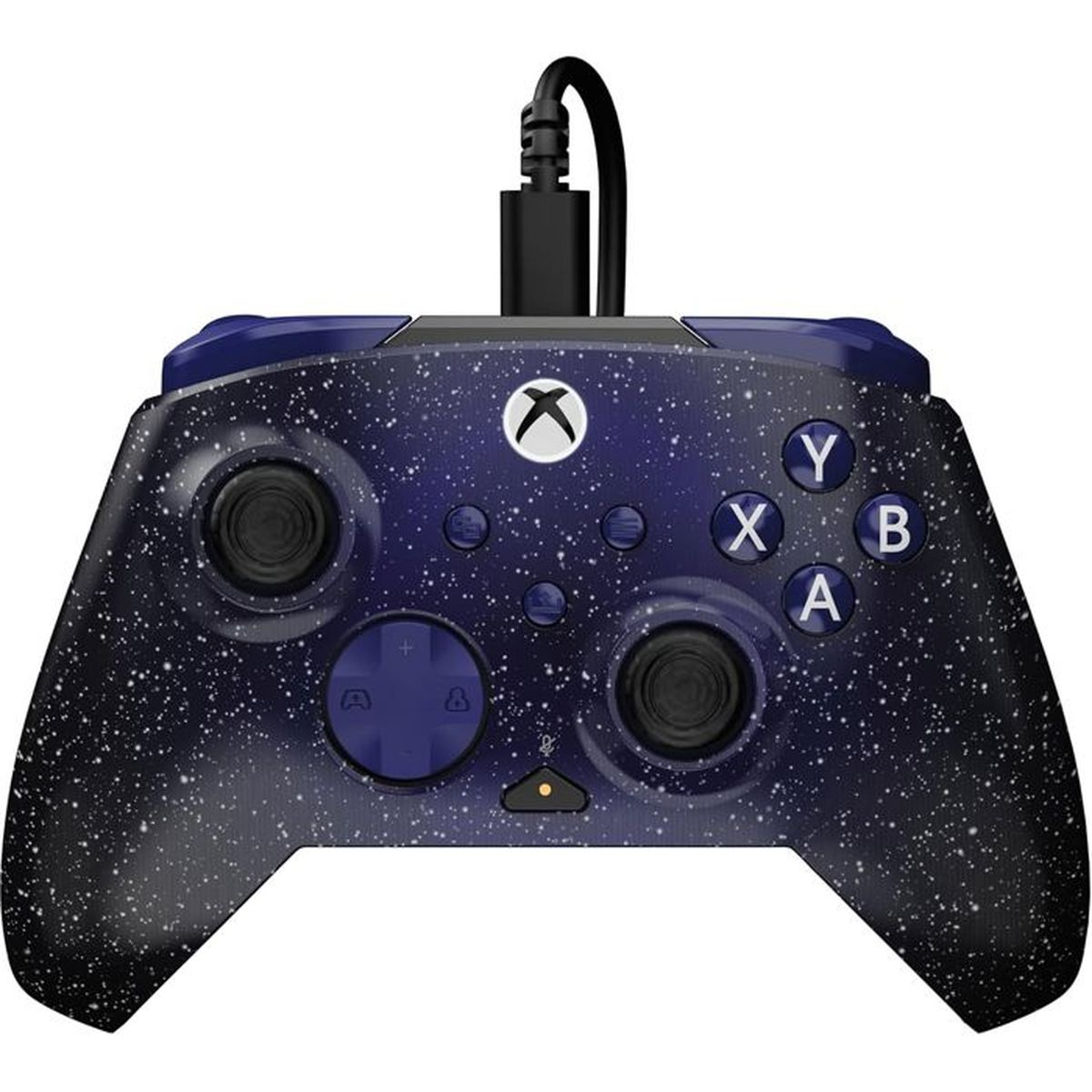 Un controller Xbox blu con motivo a stelle e cavo nero.
