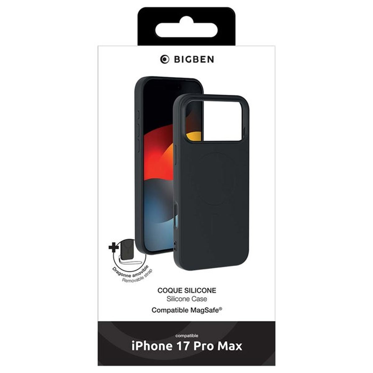 Custodia nera in silicone BIGBEN per iPhone 17 Pro Max, compatibile MagSafe.