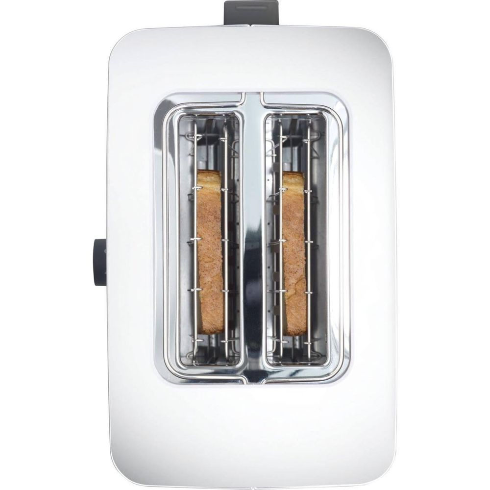 Biały toster z dwoma kromkami chleba w środku.