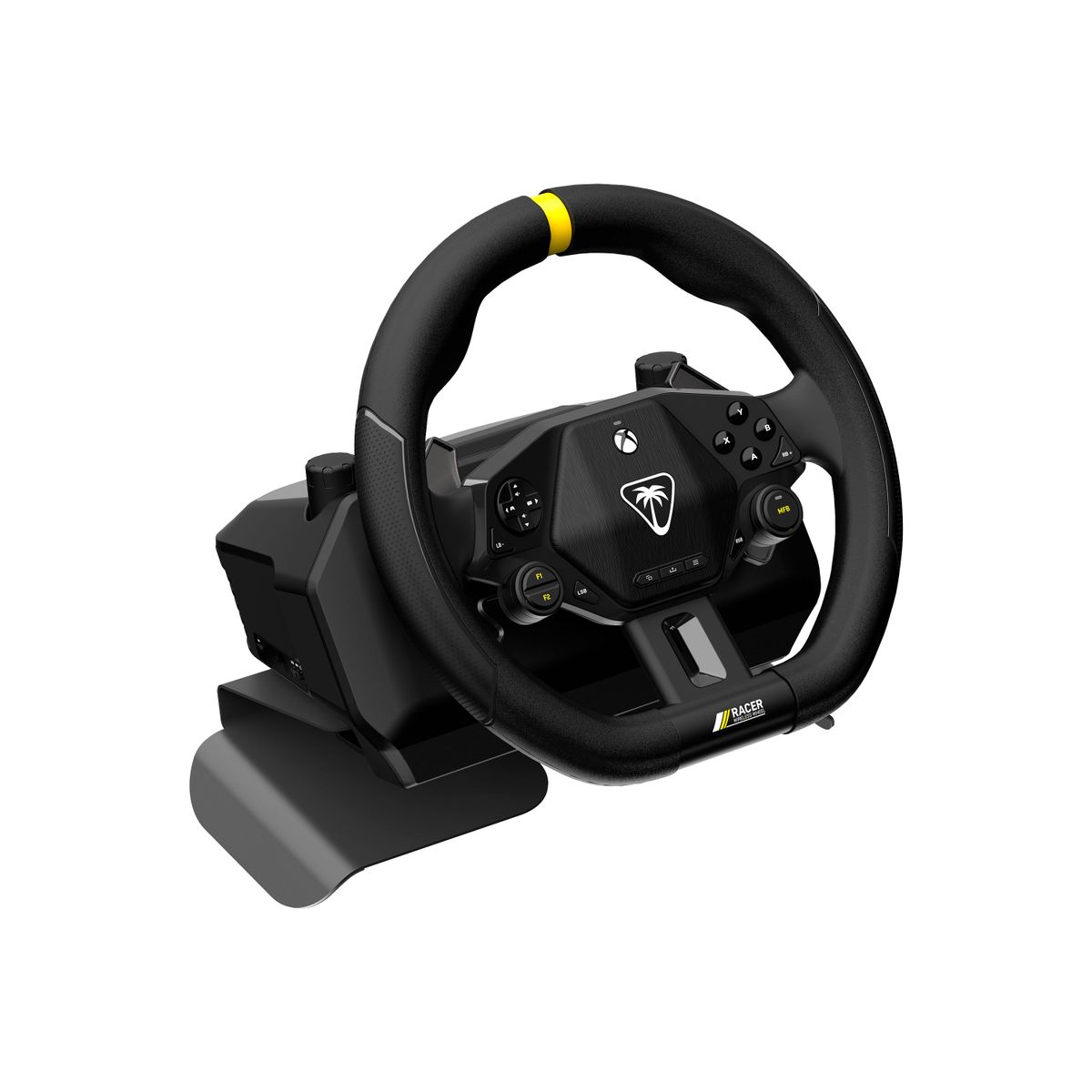 Volante da corsa nero con accento giallo e controlli, su supporto.