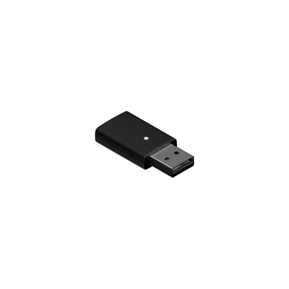 Un adattatore USB nero con una piccola luce bianca.