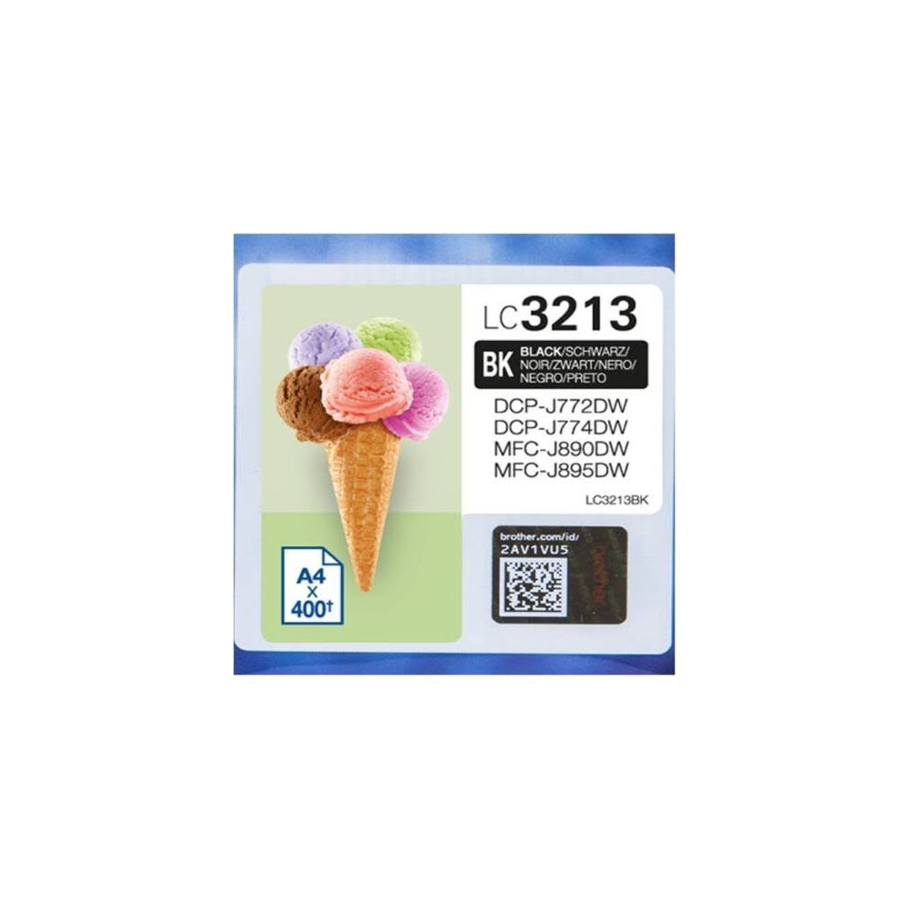 Wafel z lodami, kolorowe gałki, tekst i kod kreskowy.