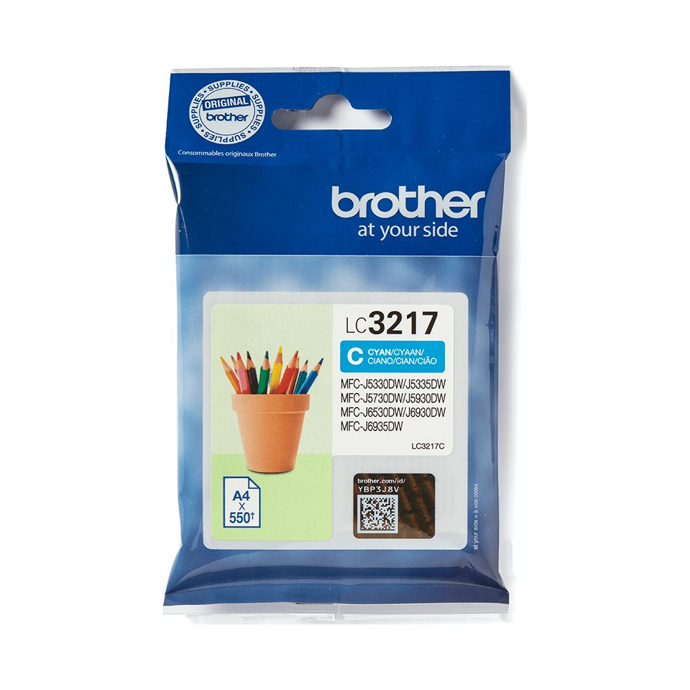 Opakowanie wkładu atramentowego Brother LC3217 Cyan z kredkami.