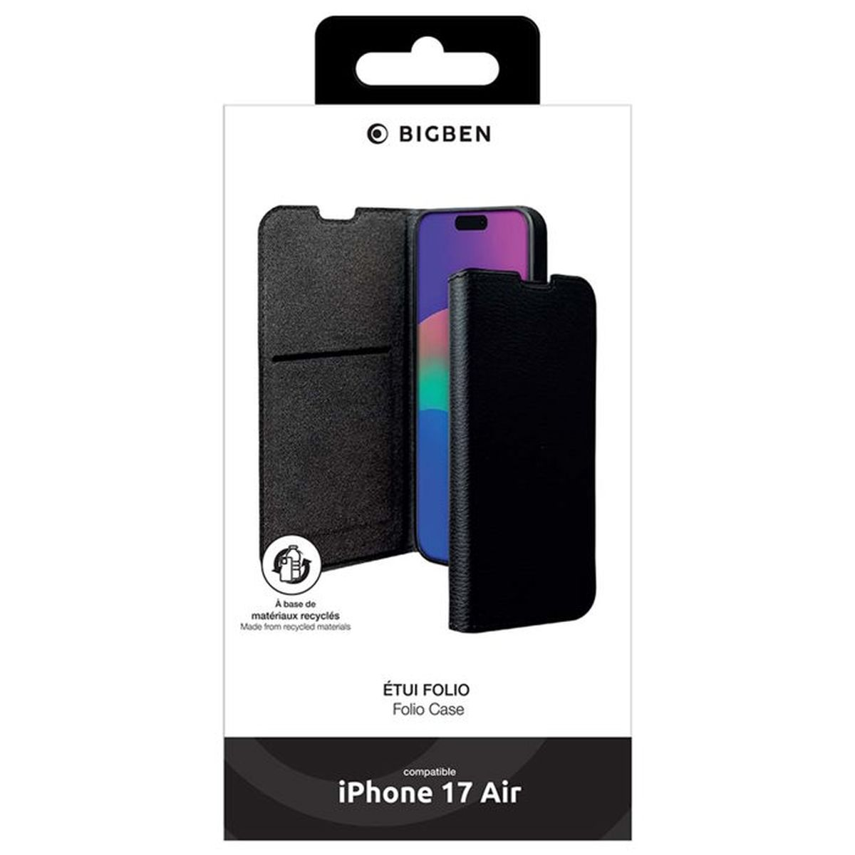 Custodia a libro nera per iPhone 17 Air in materiale riciclato.