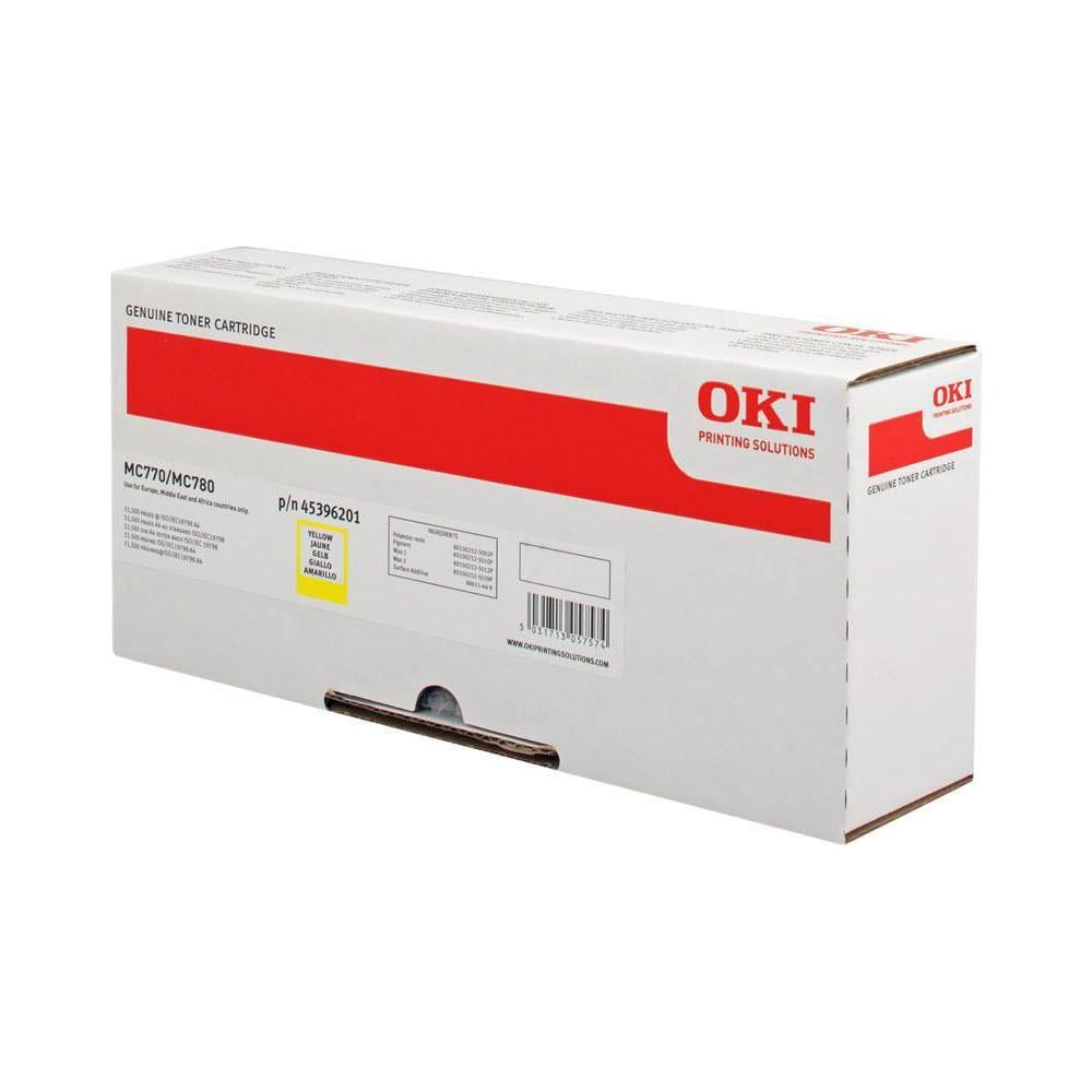 Oryginalny toner OKI do MC770/MC780, żółty. Pudełko ze szczegółami produktu.