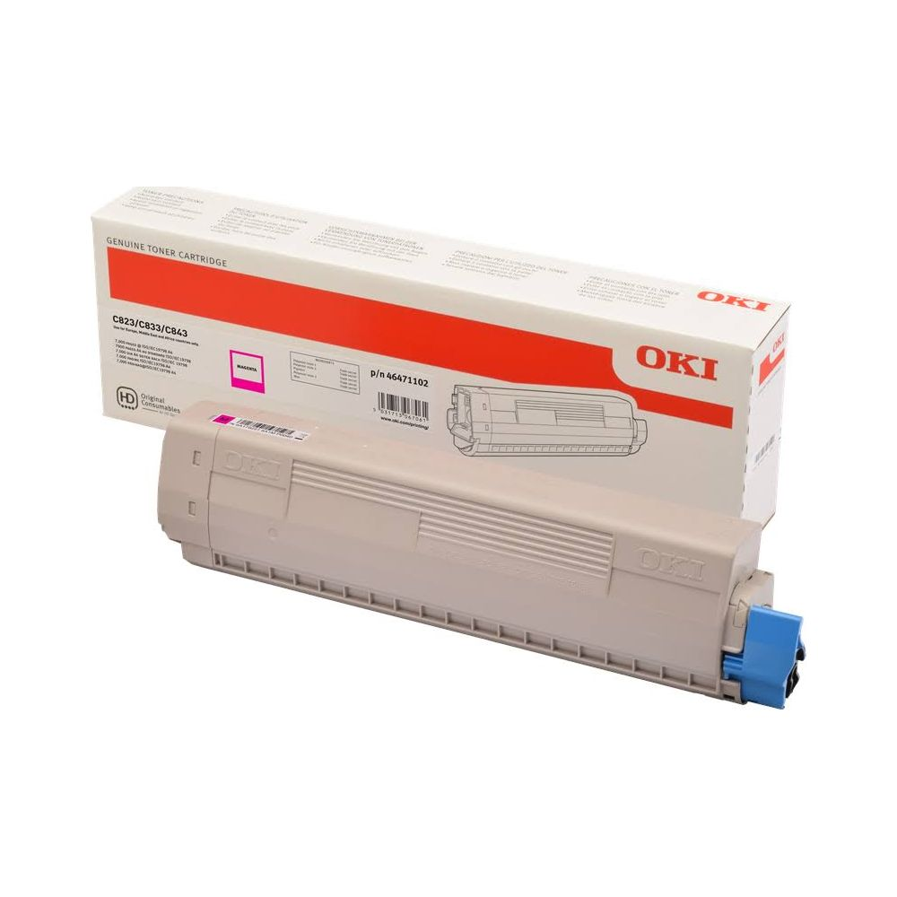 Magentowy toner OKI do C823/C833/C843 widoczny na białym tle.