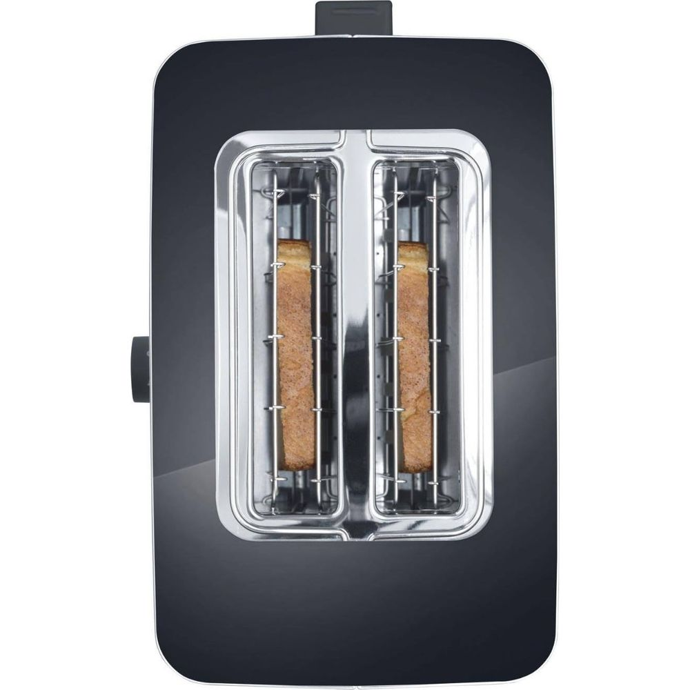 Czarny toster z dwoma tostami w trakcie opiekania.