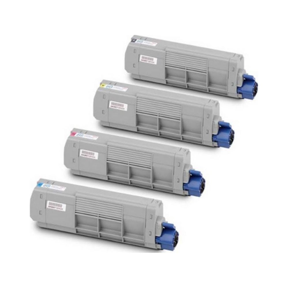 Cztery szare wkłady tonera z niebieskimi końcówkami na białym tle.