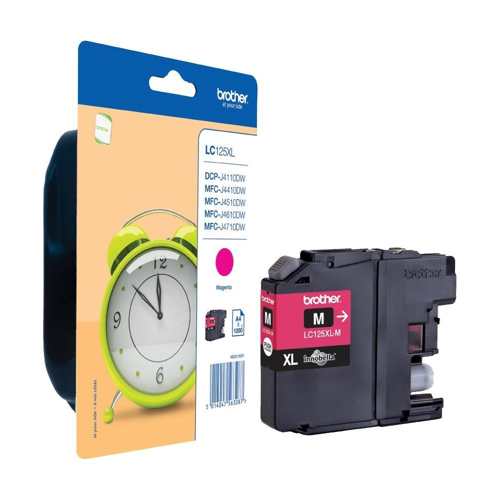 Opakowanie tuszu Brother LC125XL magenta z motywem budzika.