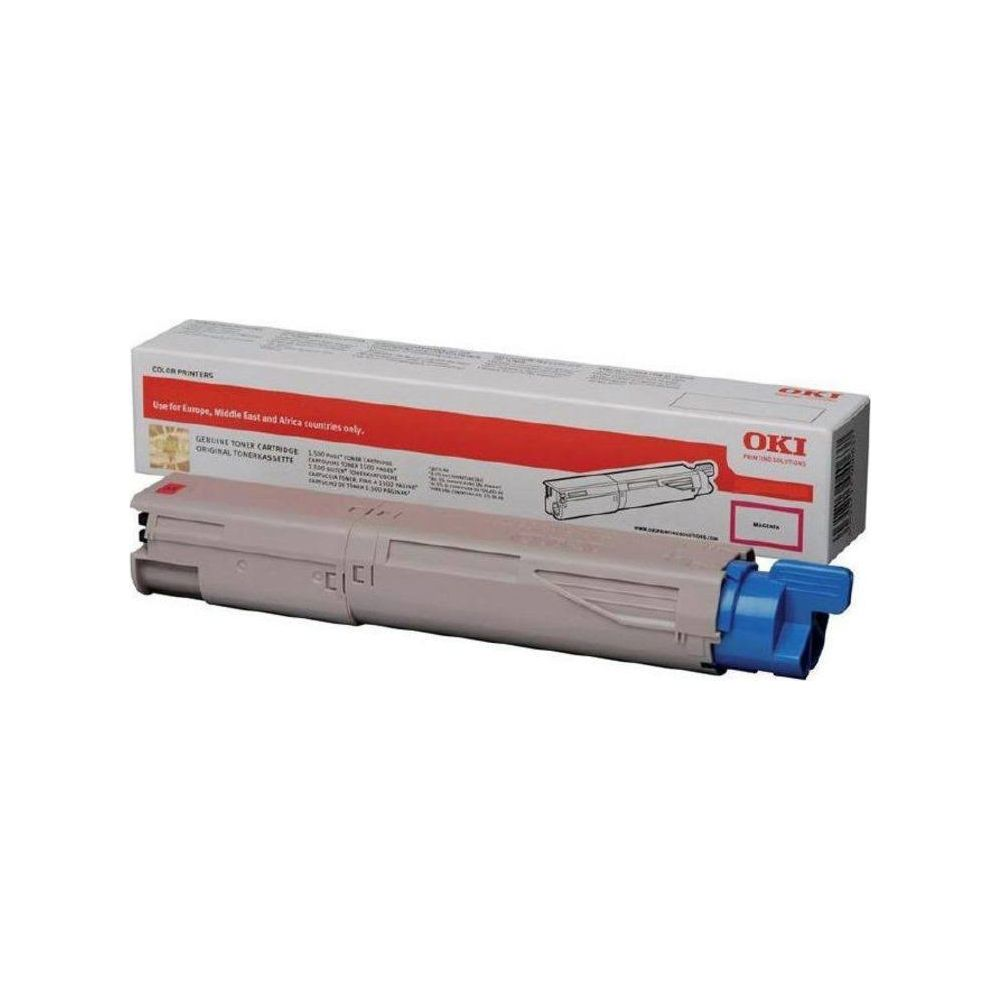 Szara kaseta z tonerem OKI z niebieską nakładką i opakowaniem.