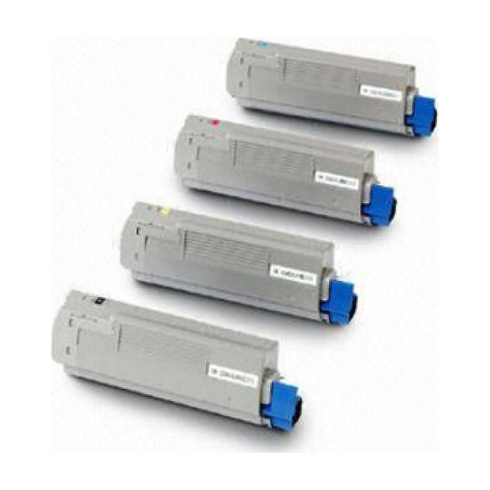 Cztery szare wkłady z tonerem z niebieskimi złączami na białym tle.