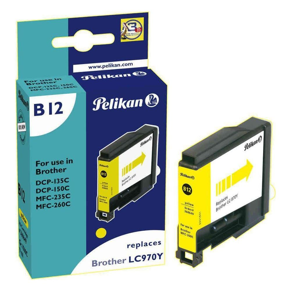 Tusz Pelikan B12 do drukarek Brother, żółty. Obok opakowania.
