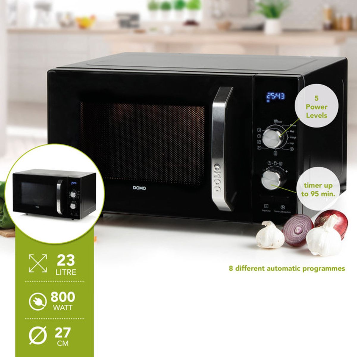 Microondas DOMO negro con asa plateada, 23L, 800W, 27cm.