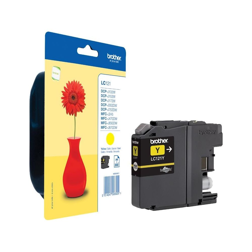 A yellow Brother LC121Y ink cartridge package next to a cartridge.