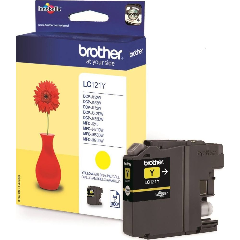 A yellow Brother LC121Y ink cartridge box and a cartridge.