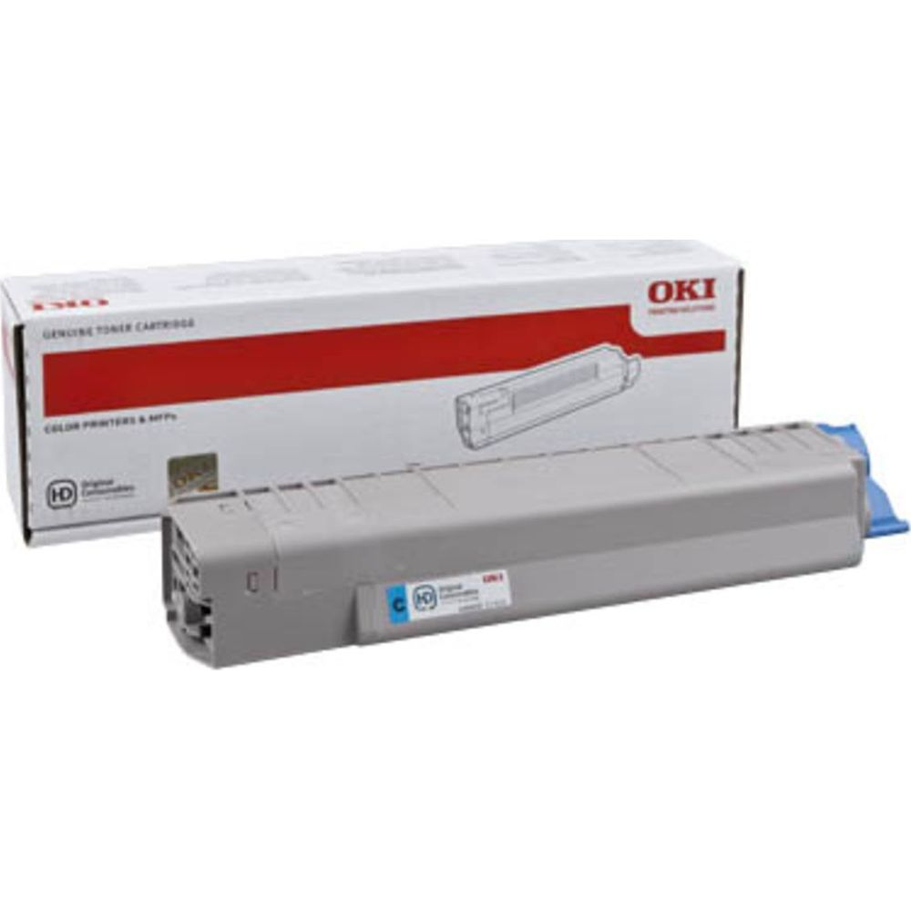 Szara kaseta z tonerem OKI obok opakowania.