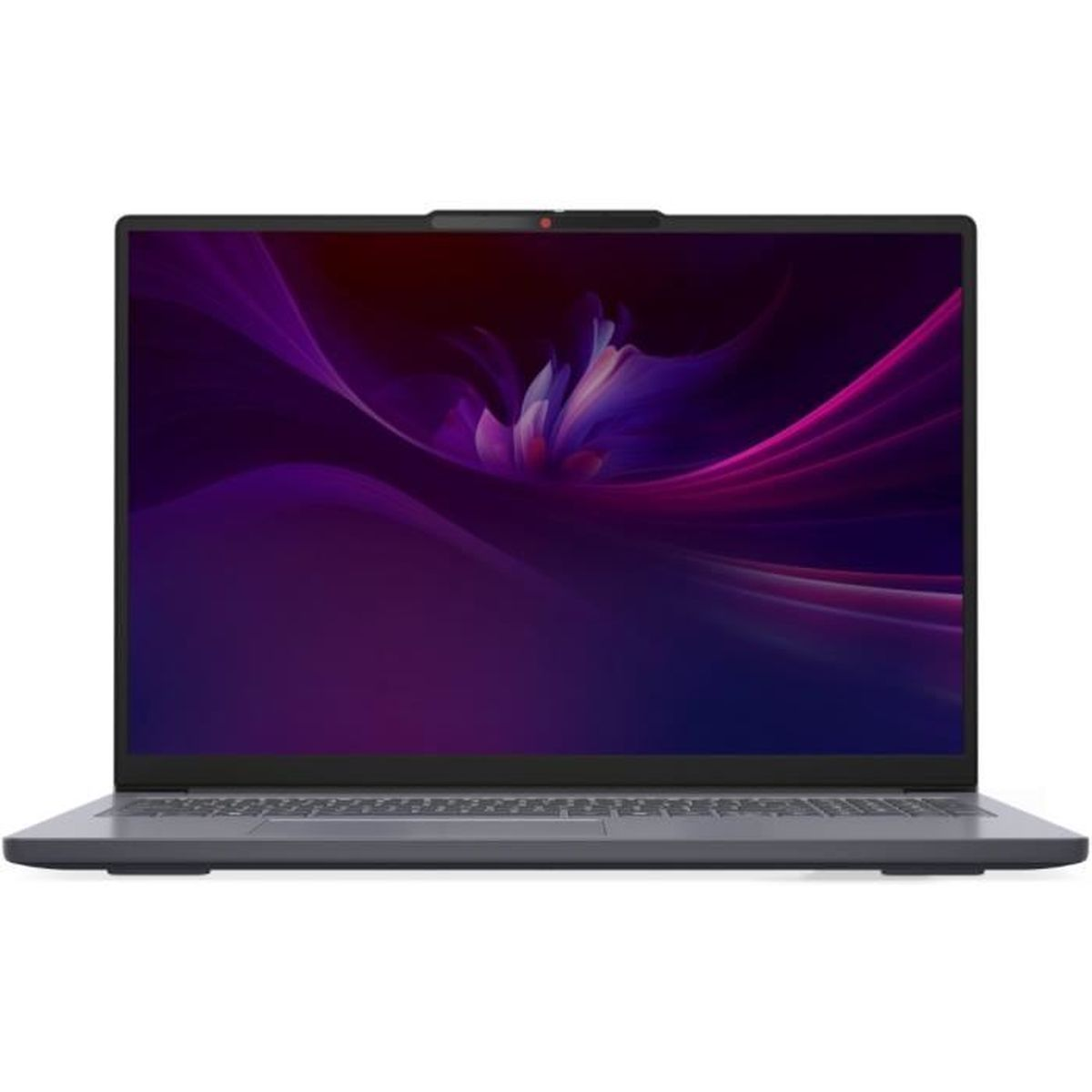 Zamknięty laptop wyświetlający fioletowo-różowe abstrakcyjne tło na ekranie.