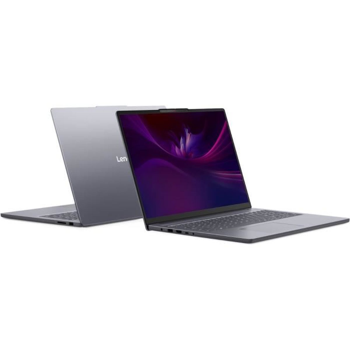 Dwa szare laptopy obok siebie, jeden z fioletową tapetą na ekranie.