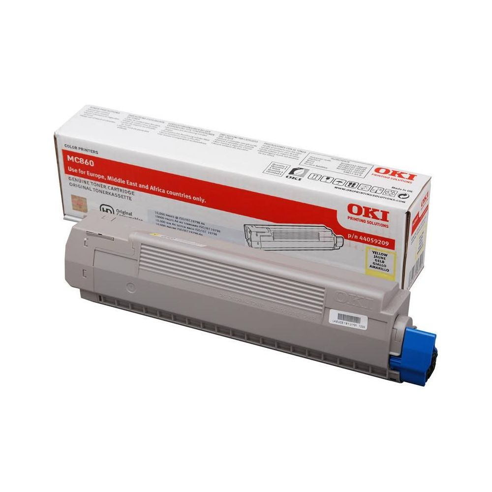Żółty toner OKI MC860 w oryginalnym opakowaniu.