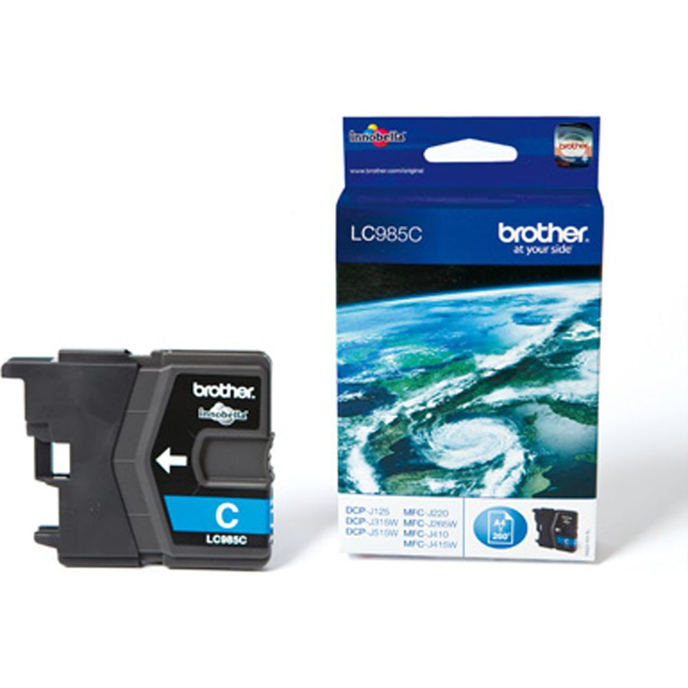 Niebieskie pudełko tuszu Brother LC985C i wkład atramentowy.