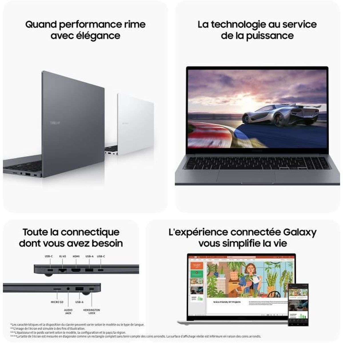 Gray and white laptops shown, one with car on racetrack. Ports labeled.